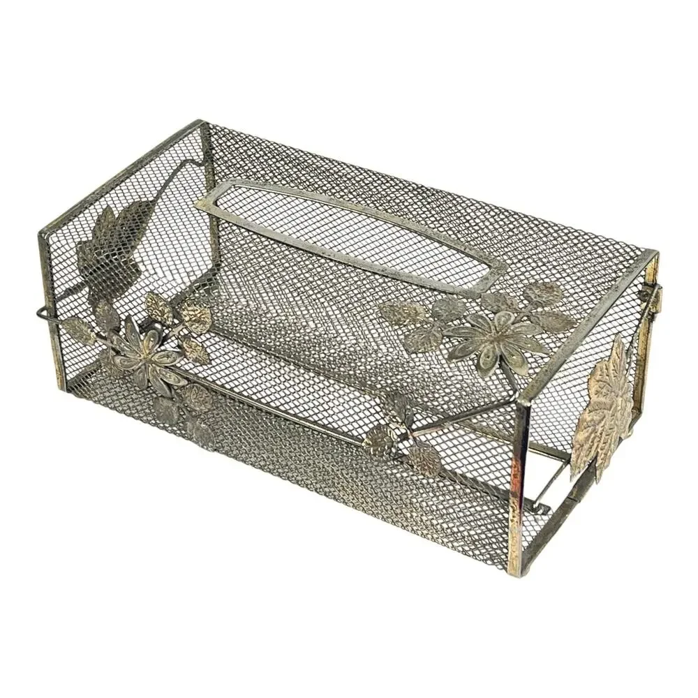 Metal Tissue Box Cover Ball Knob Feet Gold Floral Detail Mcm Mesh Long Box Vtg